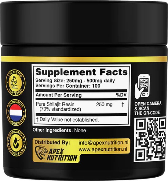 Shilajit Resin Pure - 70% Fulvic Acid - Het natuurlijke gezondheidssupplement voor lichaam en geest- 25 gram - Apex Nutrition