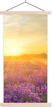 Posterhanger incl. Poster 90x180 cm - Schoolplaat - Lavendel - Zonsondergang - Bomen - Paars - Textielposter - Blanke latten