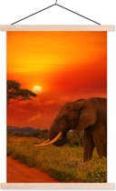 Posterhanger incl. Poster 120x180 cm - Schoolplaat - Olifant - Zonsondergang - Oranje - Savanne - Dieren - Textielposter - Blanke latten