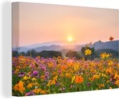 Canvas schilderij - Bloemen - Zonsondergang - Zomer - Natuur - Foto op canvas - Canvas doek - Kamer decoratie - Wanddecoratie - 150x100 cm - Woonkamer - Slaapkamer decoratie