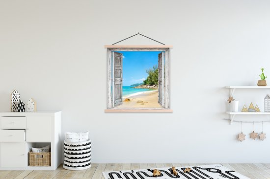 Posterhanger incl. Poster 120x120 cm - Schoolplaat - Strand - Doorkijk - zomer - Tropisch - Textielposter - Blanke latten