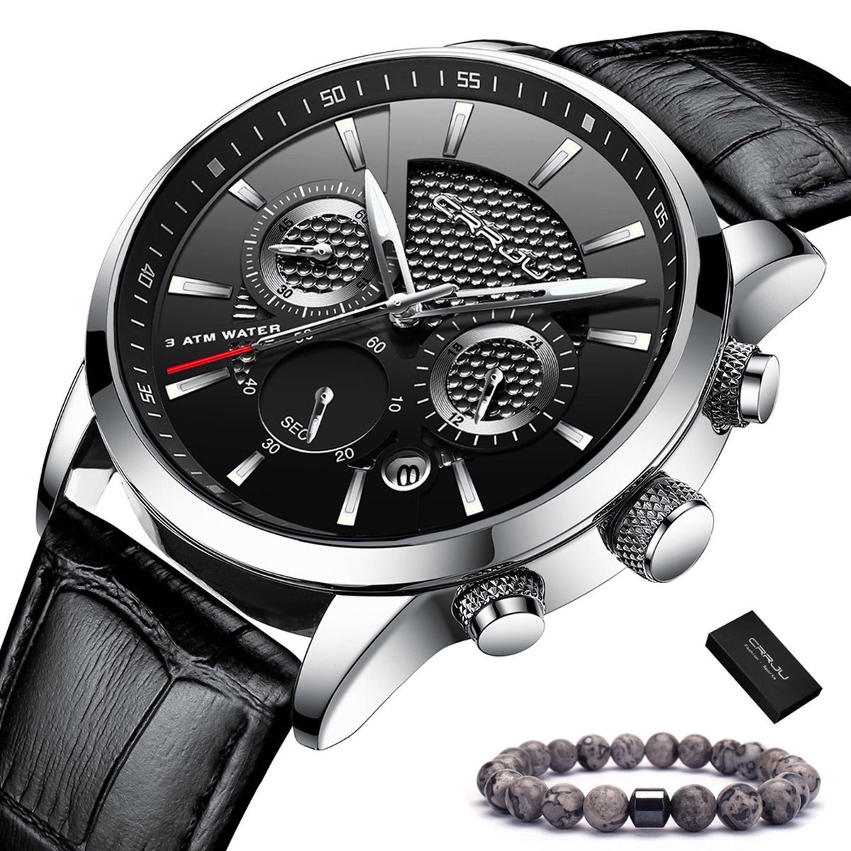 CRRJU - Horloge Heren - Cadeau voor Man - Horloges voor Mannen - 42 mm - Zwart Zilver