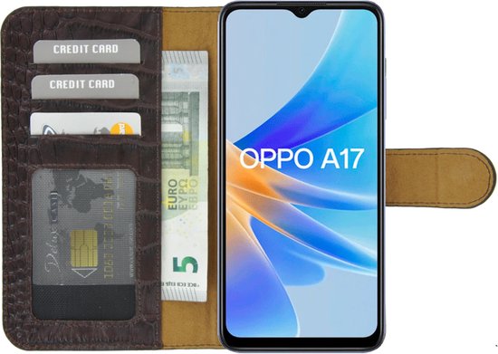 Oppo A17 Case - Bookcase - Oppo A17k Case Book Case Portefeuille Cuir Véritable Croco Chocolat Marron Couverture