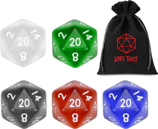 Afbeelding van het spel Lapi Toys - Dungeons and dragons D20 dobbelstenen - D20 - 5x DND D20 dice - Inclusief velvet bewaarzakje - Meerkleurig