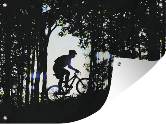 Tuin decoratie Illustratie van een silhouet van een man op een mountainbike - 40x30 cm - Tuindoek - Buitenposter