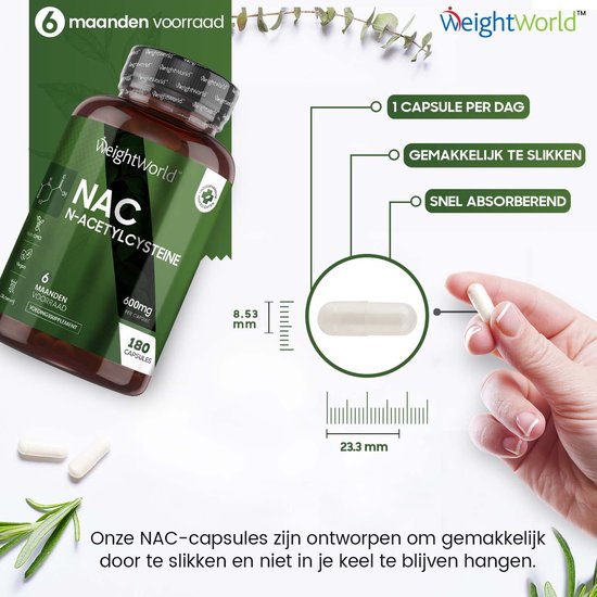 WeightWorld NAC N-Acetyl-Cysteine capsules - 600 mg - 180 capsules voor 6 maanden - Weight World
