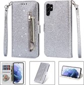 Glitter Bookcase voor Samsung Galaxy S23 Ultra | Hoogwaardig PU Leren Hoesje | Lederen Wallet Case | Telefoonhoesje | Pasjeshouder | Portemonnee | Zilver
