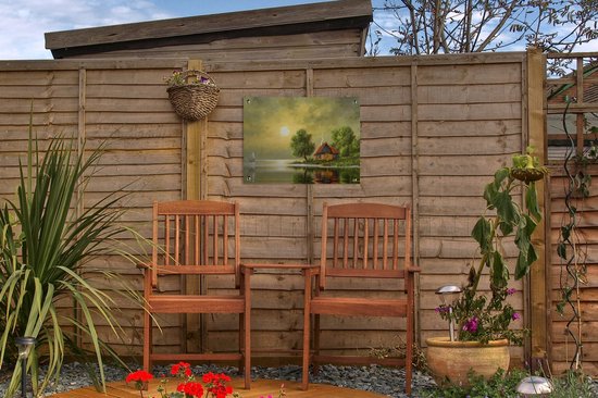 Tuin decoratie Schilderij - Olieverf - Huis - Natuur - Water - 40x30 cm - Tuindoek - Buitenposter