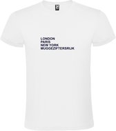 wit T-Shirt met London,Paris, New York ,Muggeziftersrijk tekst Zwart Size XL