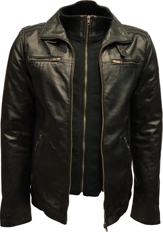 Zwarte leren heren jas met uitneembare kraag - 100 % echt leer - Albert - 3XL