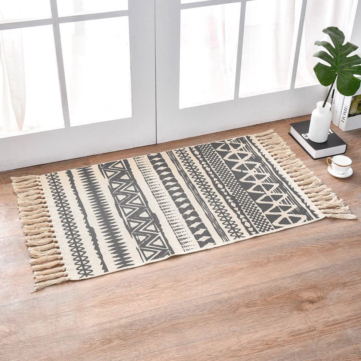 INKARO BOX Geweven katoenen tapijt met pompon - Voor keuken, woonkamer, slaapkamer, wasruimte, entree (diamant, 60 x 90 cm