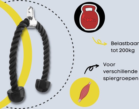 Zwarte tricep rope met chromen oog, belastbaar tot 200kg, geschikt voor verschillende spiergroepen.