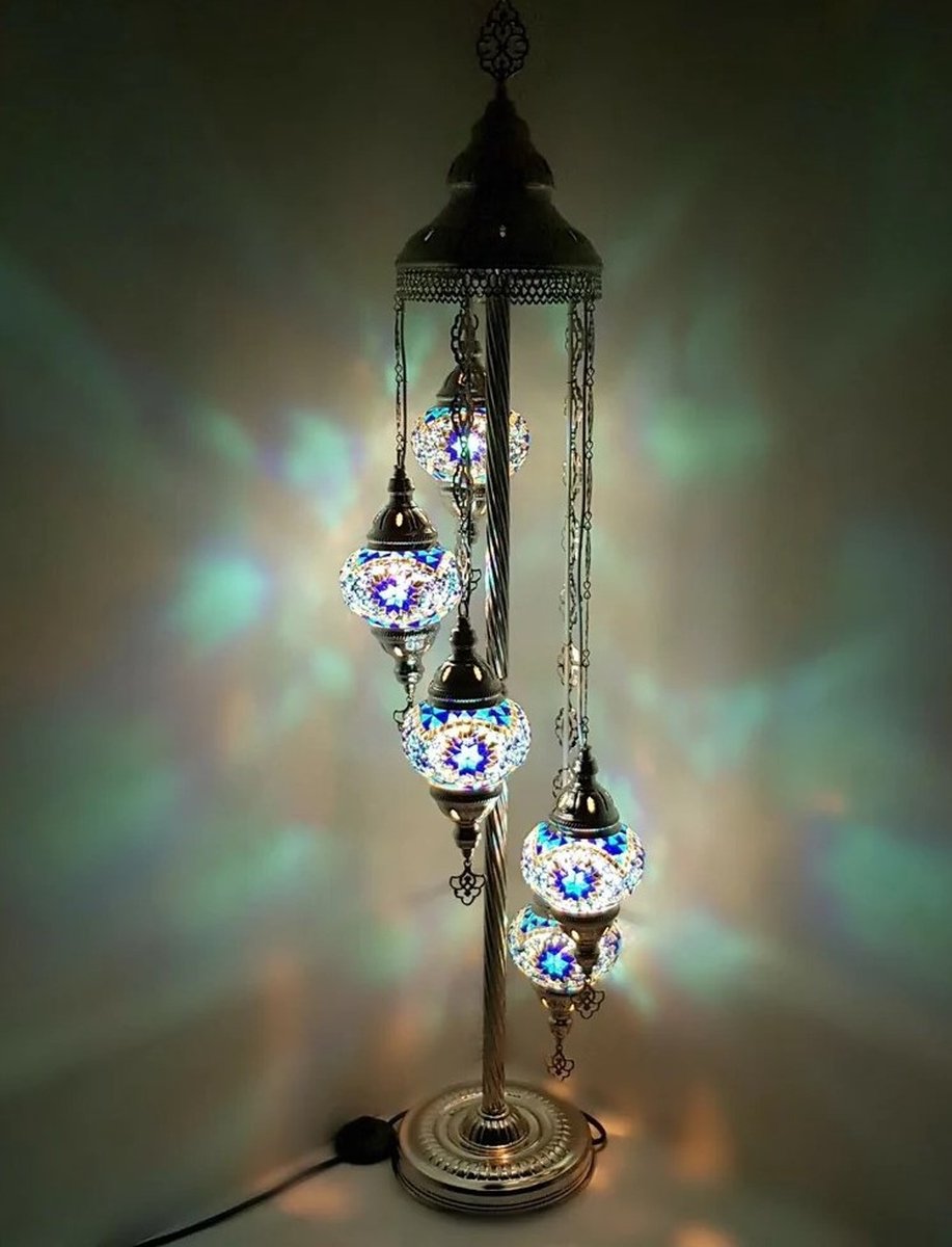 Turkse Lamp - Vloerlamp - Mozaïek Lamp - Marokkaanse Lamp - Oosters Lamp - ZENIQUE - Authentiek - Handgemaakt - Blauw - 7 bollen