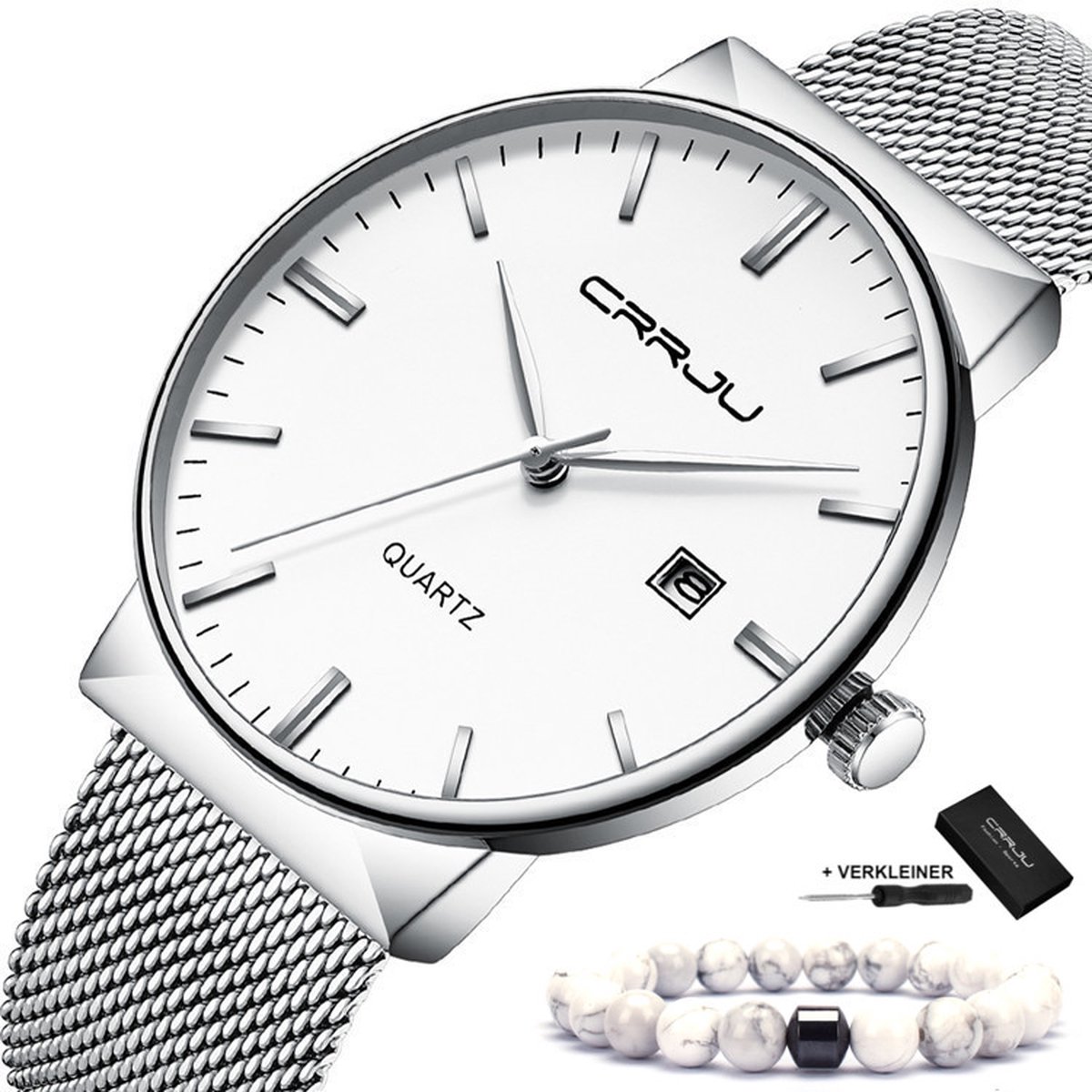 CRRJU Heren Horloge Vrouwen Dames Horloge Watch - Herenhorloge Dameshorloge - Incl. Armband & Horlogebox - Zilver Wit
