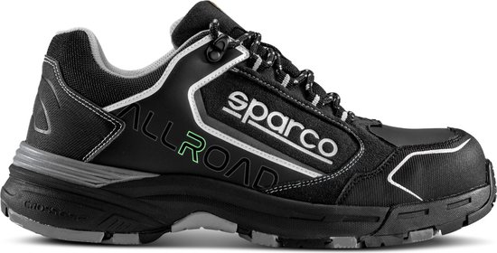 Chaussure de sécurité noire Sparco ALLROAD avec détails gris et blancs.
