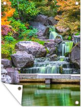 Tuinschilderij Stenen - Water - Bomen - Japans - Botanisch - 60x80 cm - Tuinposter - Tuindoek - Buitenposter