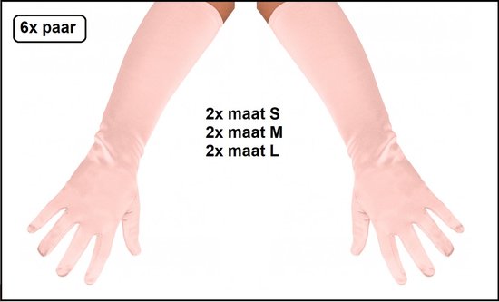 6x Paar Handschoenen satijn 40cm roze assortie maten - mt.S, mt.M en mt.L - Carnaval gala thema feest party festival