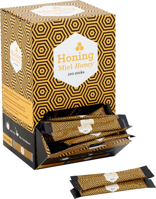 Dispenser met honingsticks met honingraatpatroon in geel en zwart. "Honing Miel Honey 8g"