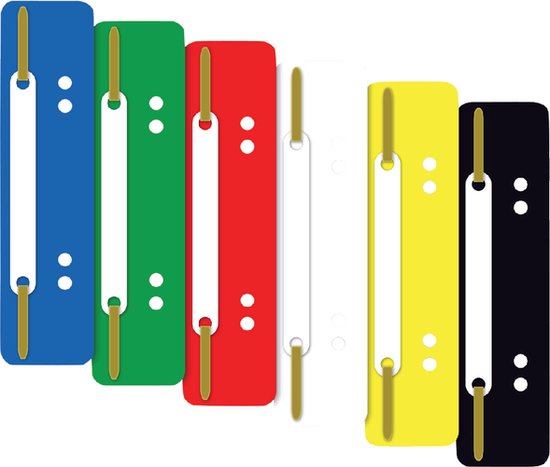 Zes snelhechtstrips in de kleuren blauw, groen, rood, wit, geel en zwart, met gouden clips en witte sluitingen.