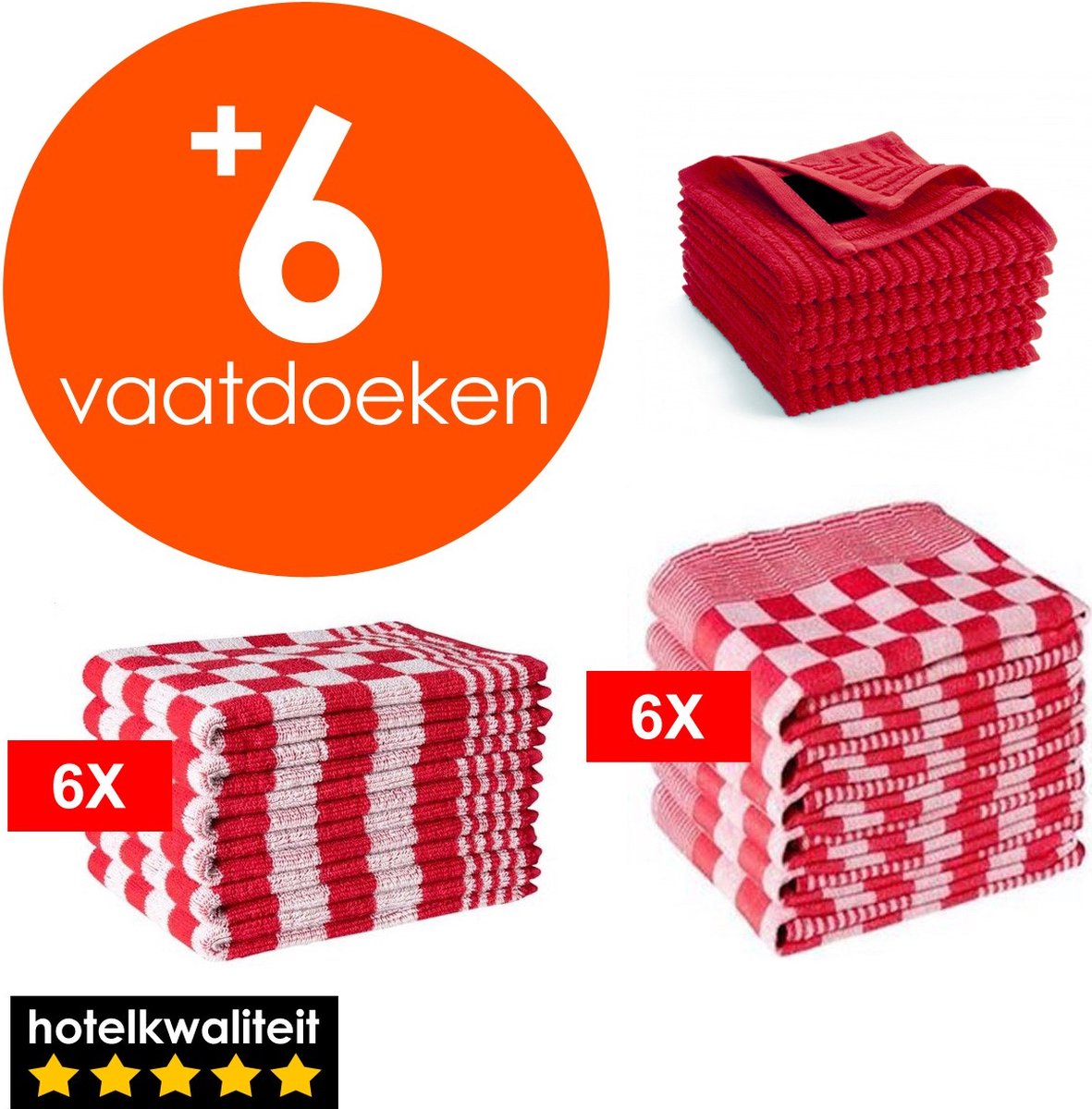 Bol.com Zavelo 6x Theedoeken en 6x Keukendoeken Set + 6x VAATDOEKJES - Horeca Kwaliteit - 60 Graden Wasbaar - Rood aanbieding