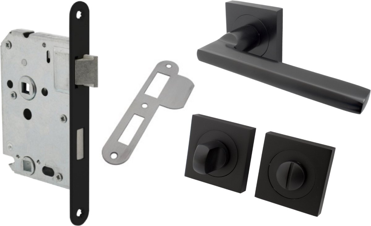 Deurkruk Vierkant Rome - Zwart - Ø50mm - Complete set voor badkamers - Inclusief WC garnituur, WC-slot en Sluitplaat