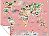Tuinschilderij Wereldkaart - Kinderen - Roze - Dieren - 80x60 cm - Tuinposter - Tuindoek - Buitenposter