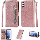 Glitter Bookcase voor Samsung Galaxy S23 Plus | Hoogwaardig PU Leren Hoesje | Lederen Wallet Case | Telefoonhoesje | Pasjeshouder | Portemonnee | Roze Goud