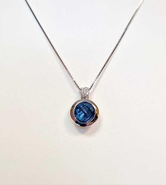 Hanger - witgoud - 14 karaat - diamant - blauwe topaas - sale Juwelier Verlinden St. Hubert – van €1695,= voor €1379,=