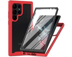 Hoesje met Ingebouwde Screenprotector Geschikt voor Samsung Galaxy S23 Ultra | Full Protect valbescherming | Schokbestendige Beschermhoes tegen Vallen | Shockproof | Doorzichtig / Rood