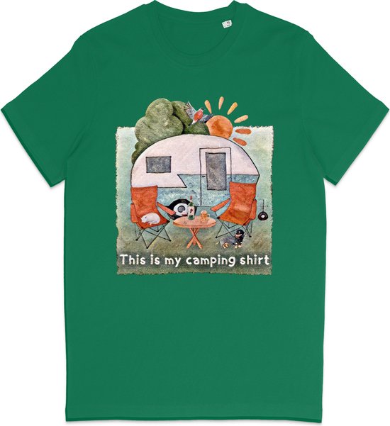 Heren en Dames T Shirt - Camping Kampeer Tafereel - Groen XS