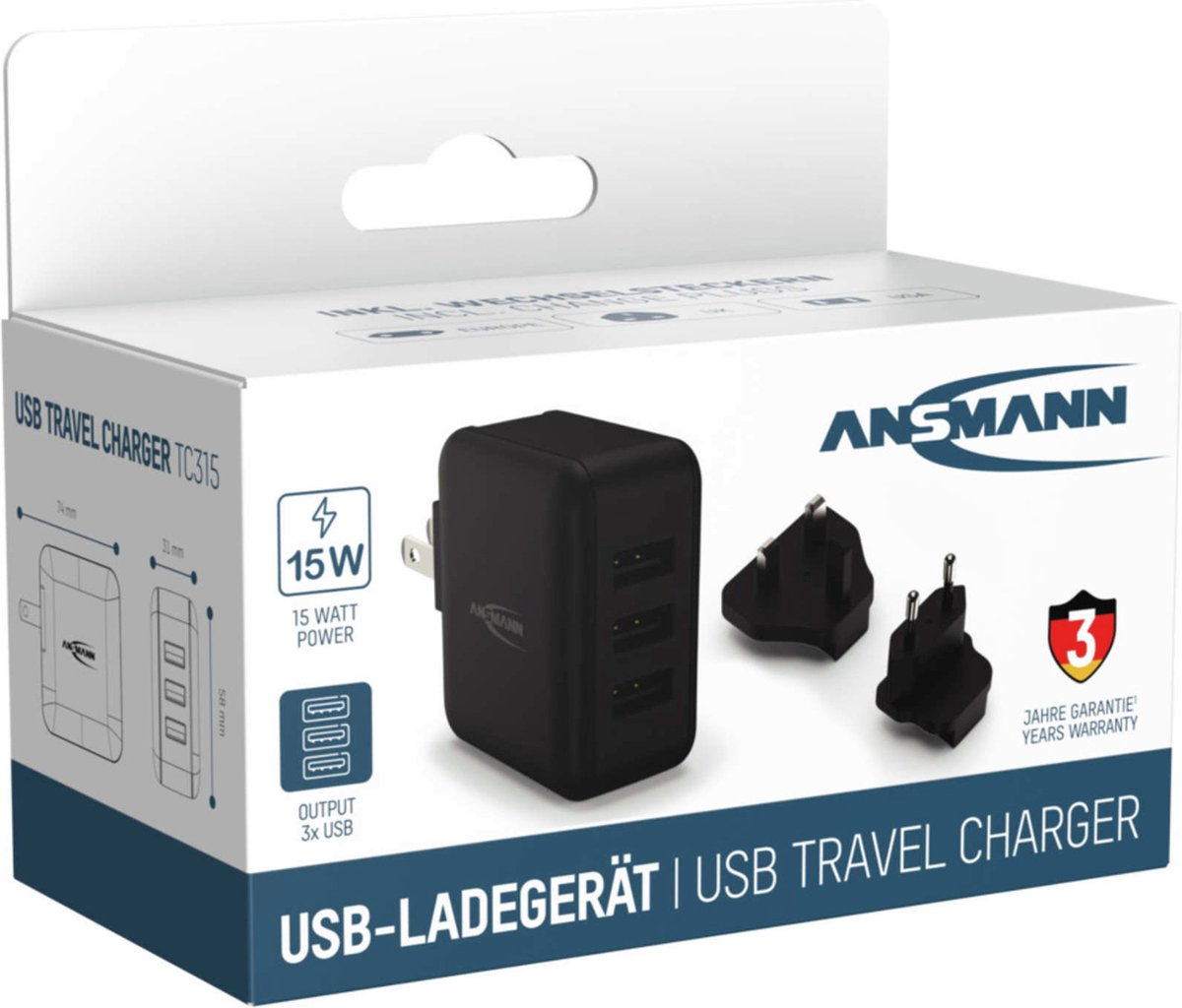 Ansmann USB Reisstekker VS/VK/EU Zwart