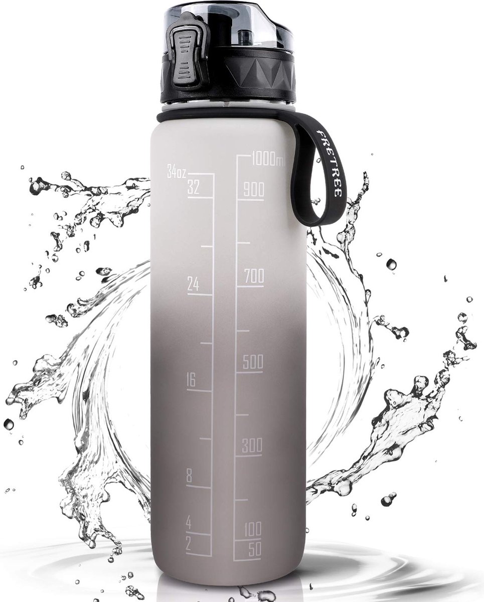 Fretree Sportwaterfles - Grey black - 1L lekvrije design waterfles - BPA-vrije Tritan plastic drinkfles voor kinderen en volwassenen - sport, wandelen, fitnessruimte, outdoor, fietsen, school en kantoor