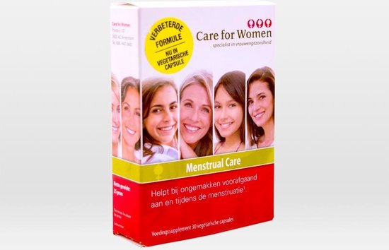 Doos met vier lachende vrouwen. Care for Women Menstrual Care: verbeterde formule, nu in vegetarische capsule.