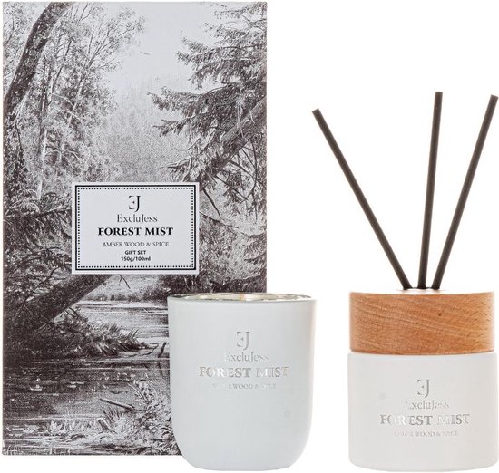 ExcluJess - Giftset - Geschenkset - Kadoset - Cadeaupakket - Geurstokjes - Geurkaars - Wood & Spice - Forest - 22x13x8cm