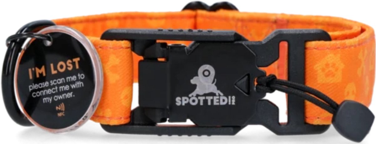 Spotted! PRO Halsband – 40 cm – Honden halsband met QR-penning – Halsband met magneetsluiting – Waterproof – Maat S – Oranje