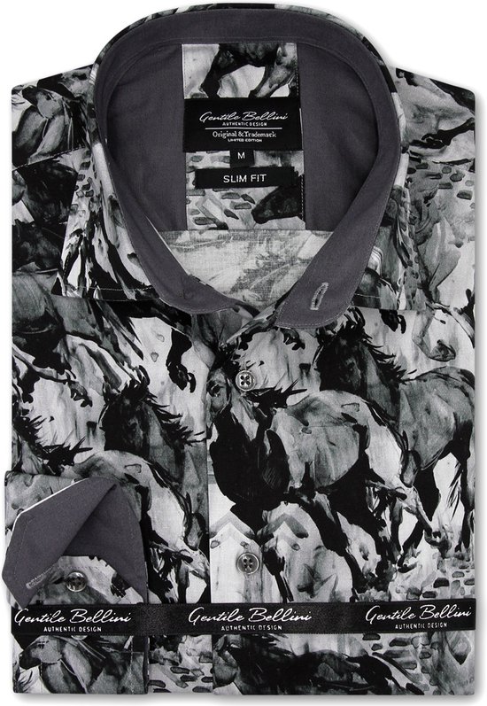 Heren Overhemd - Slim Fit - Horse Art Prints - Grijs - Maat XL