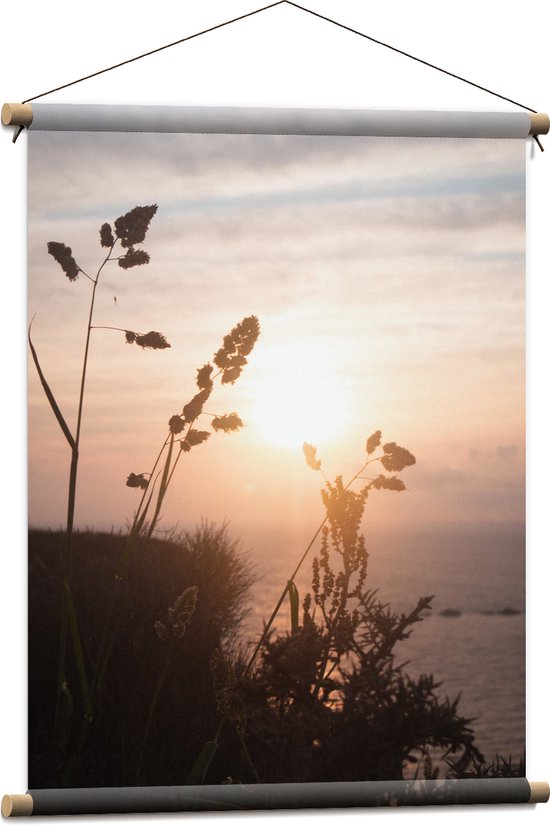 WallClassics - Textielposter - Zon achter Planten op Hoge Berg met Uitzicht op Zee - 60x80 cm Foto op Textiel
