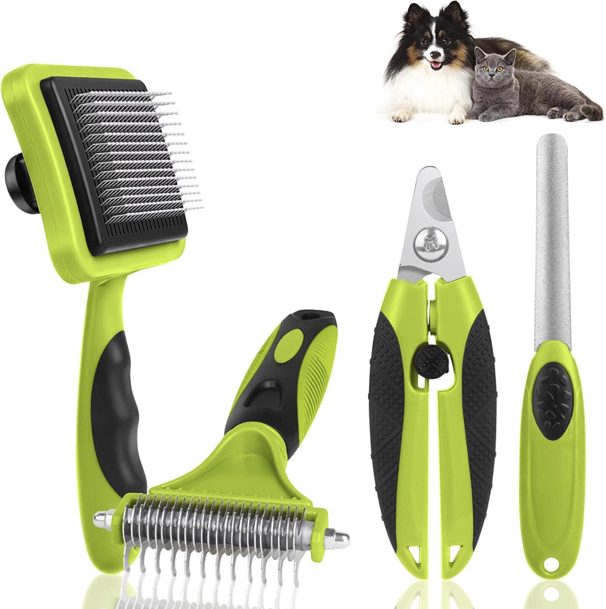 Furnibella- Schoonmaakset voor huisdieren, 4-delig veiligheidsborstels van roestvrij staal, inclusief hondenborstel, kattenborstel, honden- en kattennagelknippers en trimmers, ondervacht verwijderen (groen)