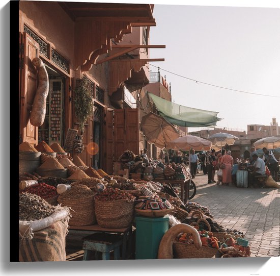 WallClassics - Canvas - Markt in Marrakesh - Marokko - 60x60 cm Foto op Canvas Schilderij (Wanddecoratie op Canvas)