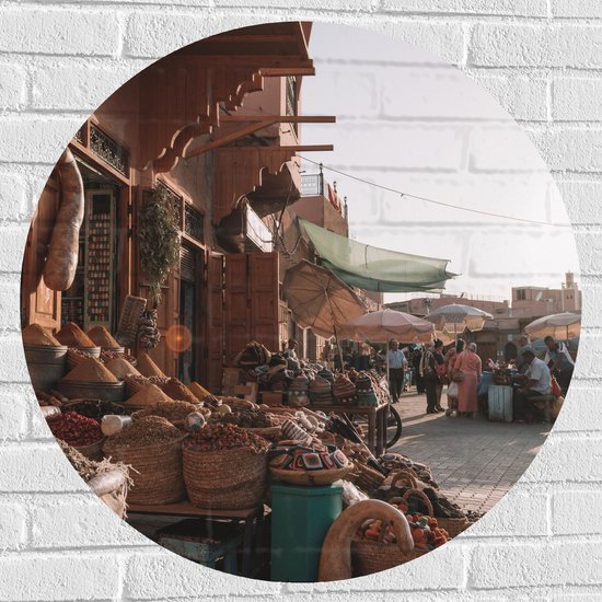 WallClassics - Muursticker Cirkel - Markt in Marrakesh - Marokko - 80x80 cm Foto op Muursticker