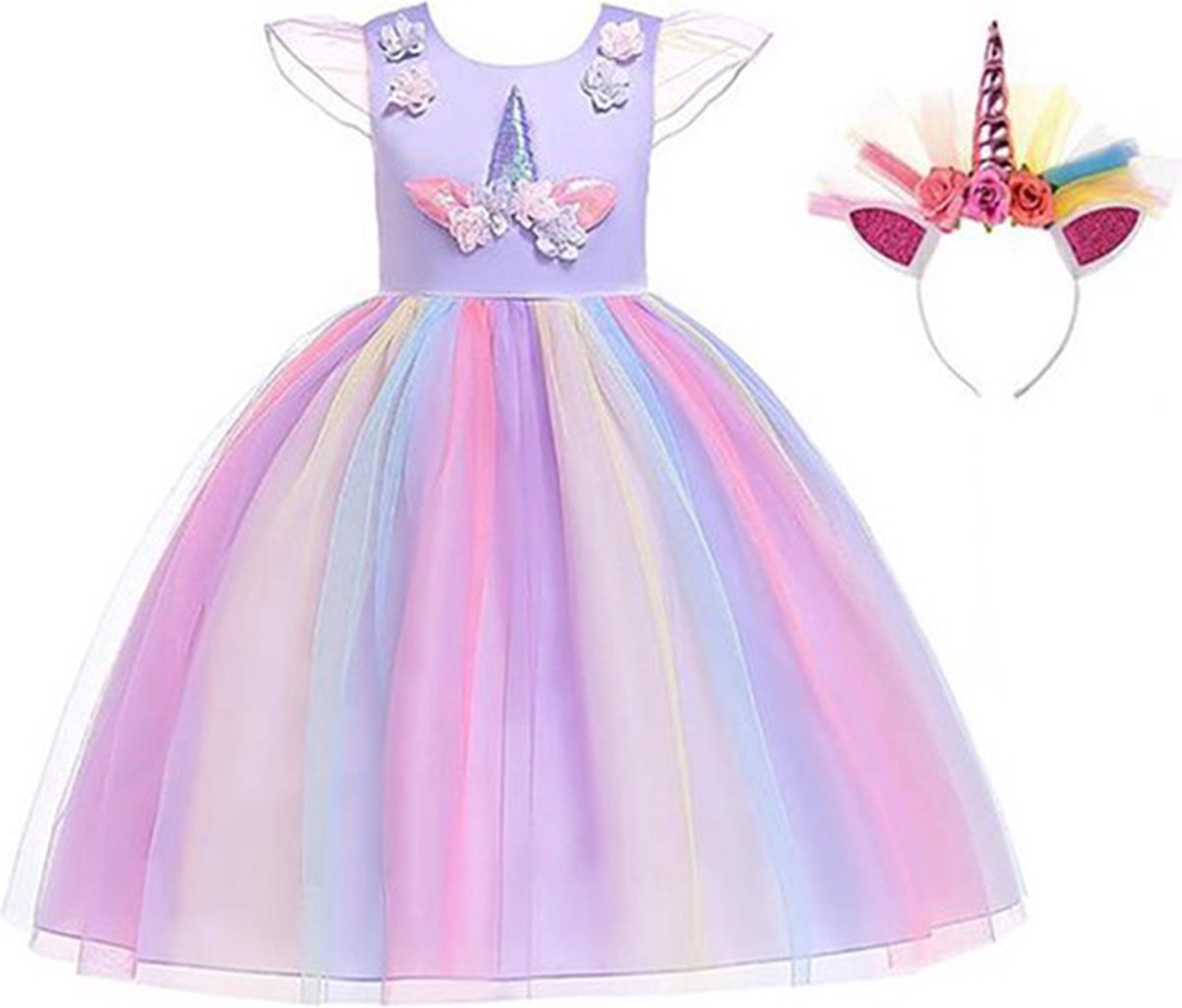 Het Betere Merk Unicorn jurk - Prinsessenjurk meisje - verkleedkleren meisje - maat 92/98 - Eenhoorn - haarband - paars