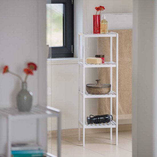Relaxdays Estantería de bambú, 4 niveles, para baño, bambú, 110 x 33 x 34 cm, Blanco/Natural
