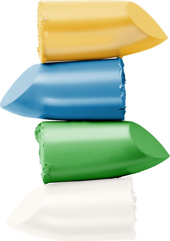 Stapel van vier Lavertu lipstickpunten in de kleuren geel, blauw, groen en wit.