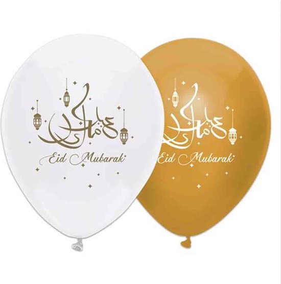 6x stuks Eid Mubarak thema ballonnen wit/goud 30 cm - Suikerfeest/Offerfeest versieringen/decoraties
