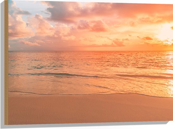 Hout - Oceaan met Prachtige Zonsondergang en Brede Horizon - 80x60 cm - 9 mm dik - Foto op Hout (Met Ophangsysteem)