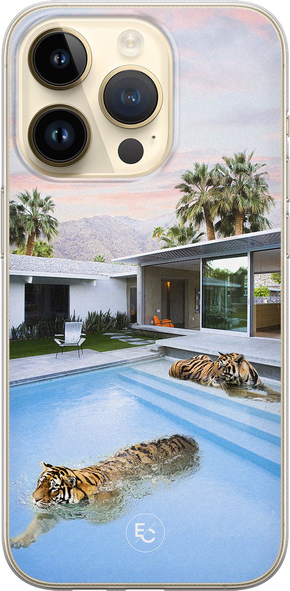 Hoesje geschikt voor iPhone 14 Pro - Tijger zwembad - Soft Case - TPU - Print - Blauw - ELLECHIQ