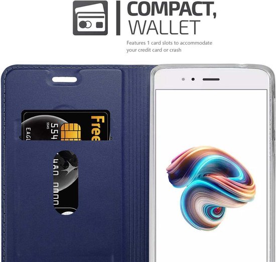 Étui de téléphone bleu foncé avec deux fentes pour cartes et fermeture magnétique, avec téléphone en mode support.