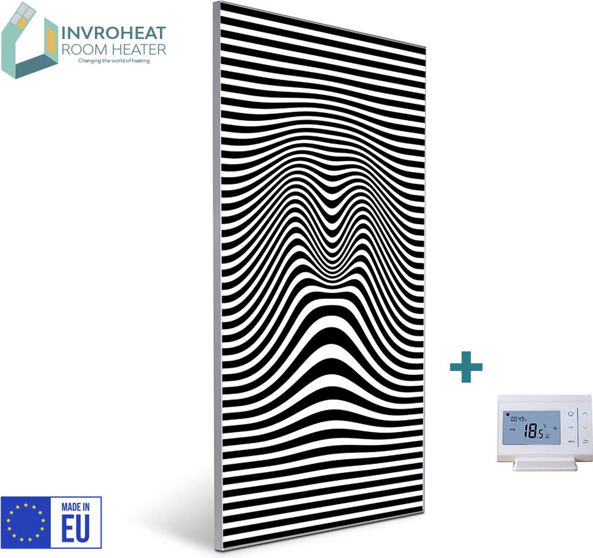 NIEUW: Invroheat infrarood verwarmingspaneel Black and White - 800W - 61x91.5cm - Afbeelding verwisselbaar - met thermostaat en afstandsbediening