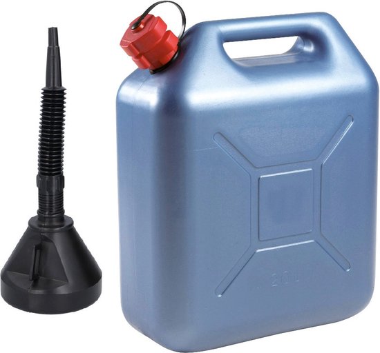 Jerrycan blauw voor olie en brandstof van 20 liter met een handige grote trechter van 39 cm