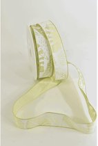 Verpakkings Lint - Satijnlint Met Opdruk Bladeren 25mm 20mtr Licht Groen/wit